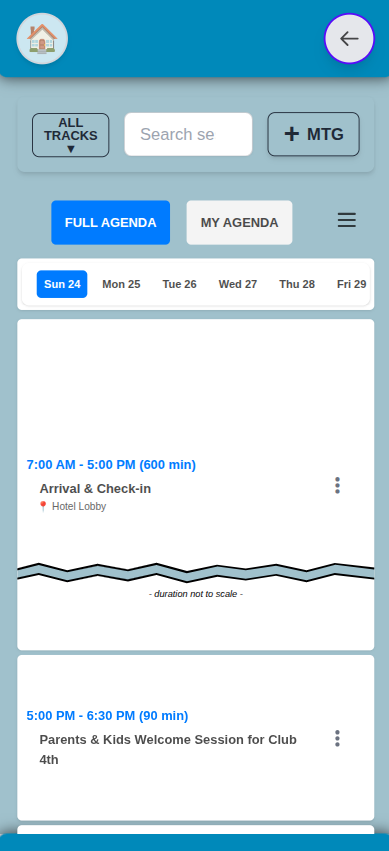 An Eventable schedule: a track filter, session search, day chips across the week, and a Full Agenda / My Agenda toggle above the day's sessions.
